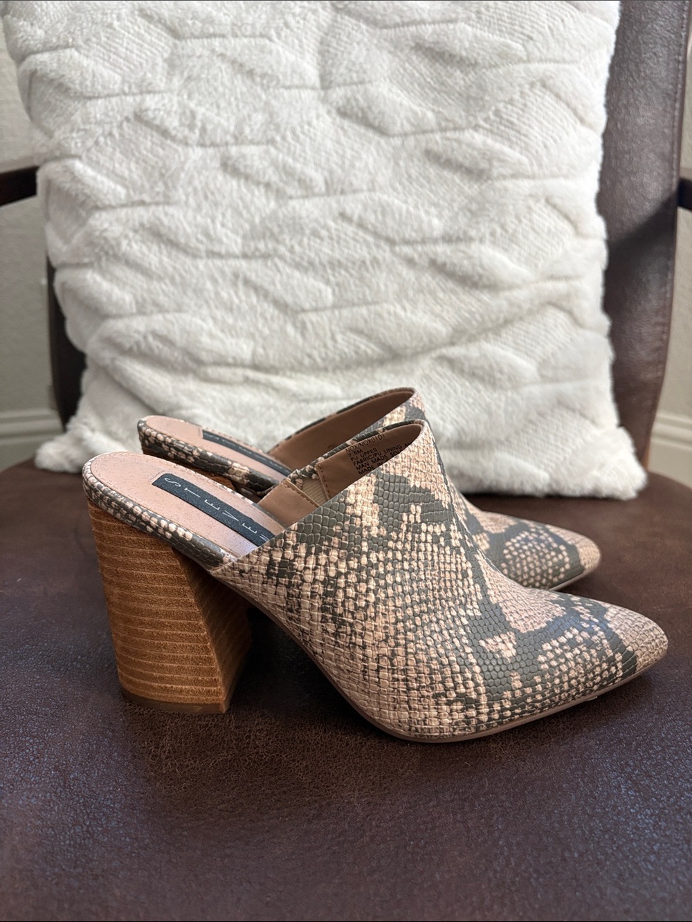 Steven By Steve Madden Snake-Print Pointed Mules in Beige and Black